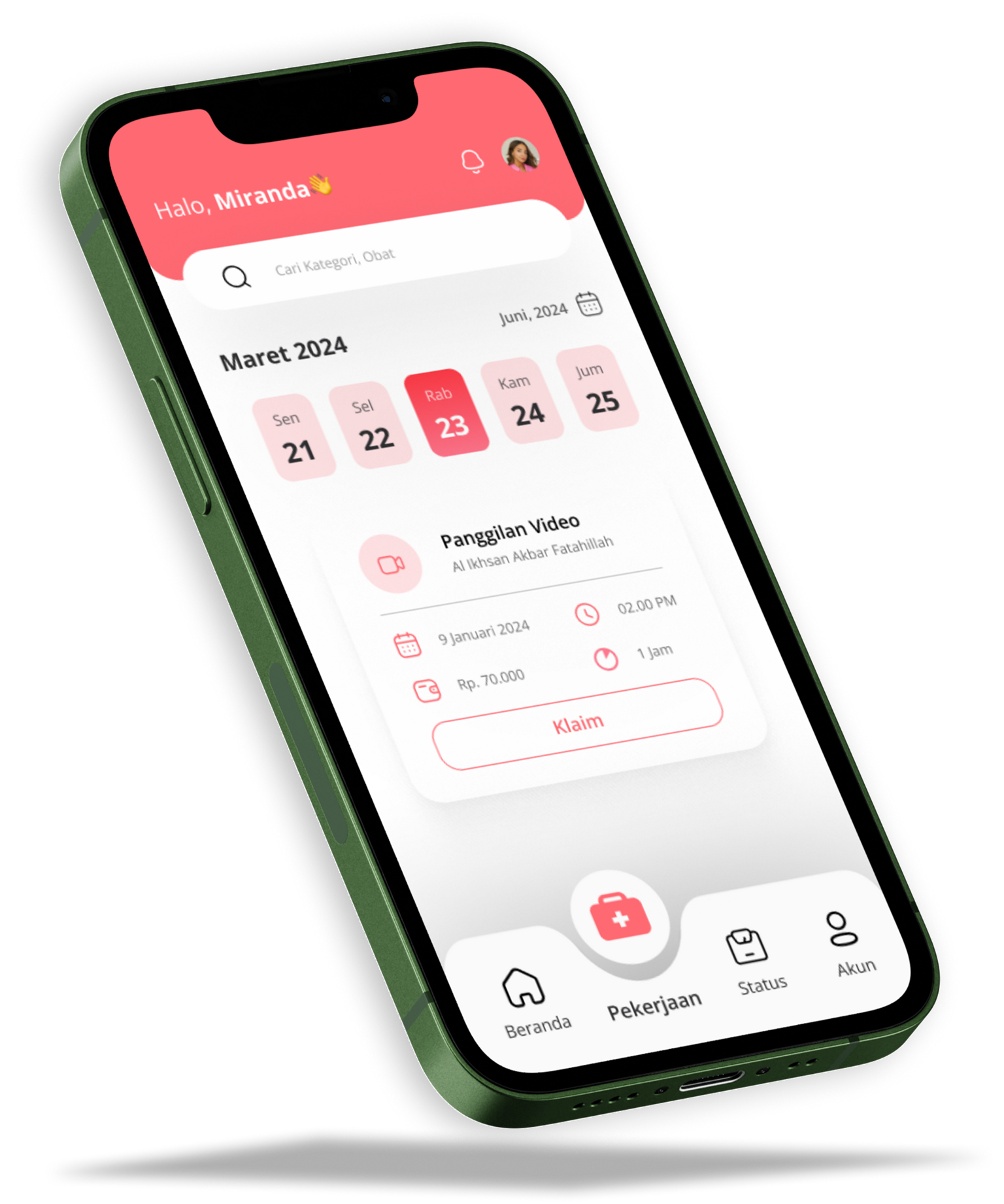 Dashboard aplikasi Mitra Doula Momsie — tampilan jadwal, pekerjaan, dan layanan video call yang tersedia bagi mitra doula profesional